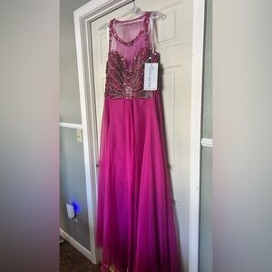 Rachel Allan Hot Pink Beaded A-Line Evening Gown